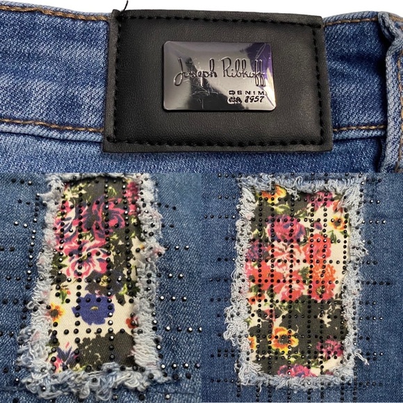 Joseph Ribkoff Mid Rise Skinny Stretch Jeans Floral Patch Black Rhinestones 2 - Picture 4 of 16
